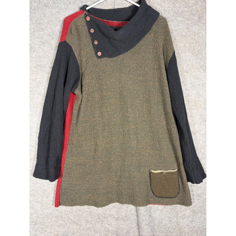 Margaret Winters Colorblock Sweater Tunic Asymmetric Button Collar Olive Red L